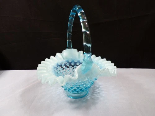 Fenton Blue Opalescent Glass Hobnail Basket 7 3/4" Tall