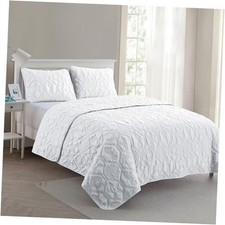 3-Piece Quilt Set   Lightweight Embossed Microfiber Bedding King Shore White