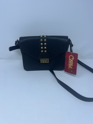 NEW CARLOS SERENA BLACK LEATHERETTE+ANTIQUE GOLD TONE STUDS,FLAP CROSSBODY,BAG