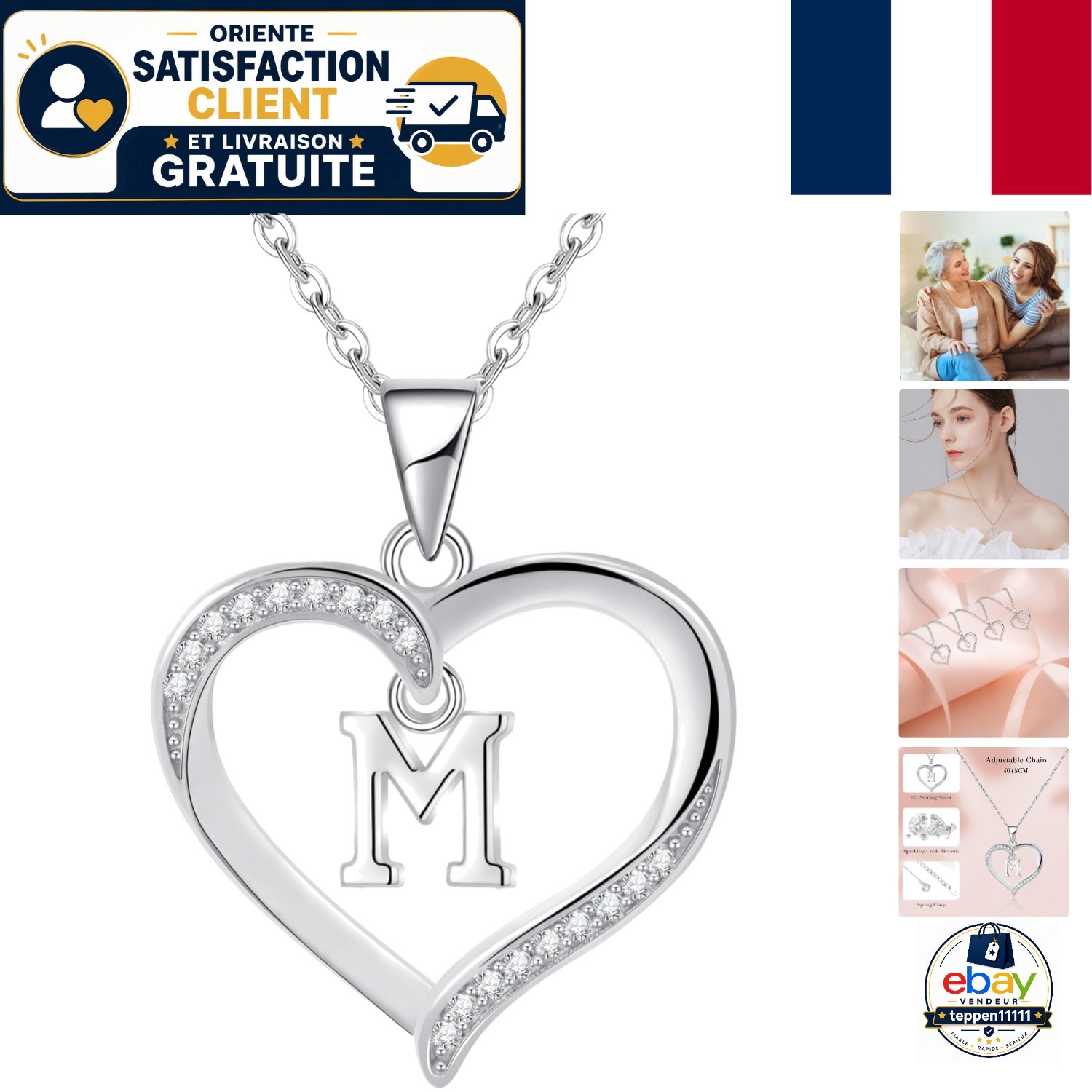 Collier initiale argent 925 femme pendentif coeur chaine fine