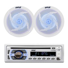 Pyle Bluetooth CD Receiver, 2x 5.25" 180W Blue Flash LED Boat Speaker White