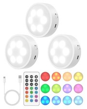 3 PCS Rechargeable Puck Lights With Remote 13 RGB Colors Dimmer Under Cabinet