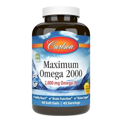 Carlson - Maximum Omega 2000, 2000 mg Omega-3s Lemon 90 soft gels Exp:04/2028