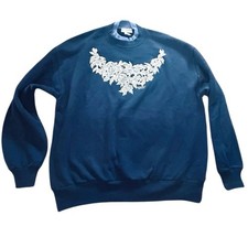 Vtg MORNING SUN WOMAN Floral Crewneck Sweatshirt Grandma Size XL Woman Navy Blue