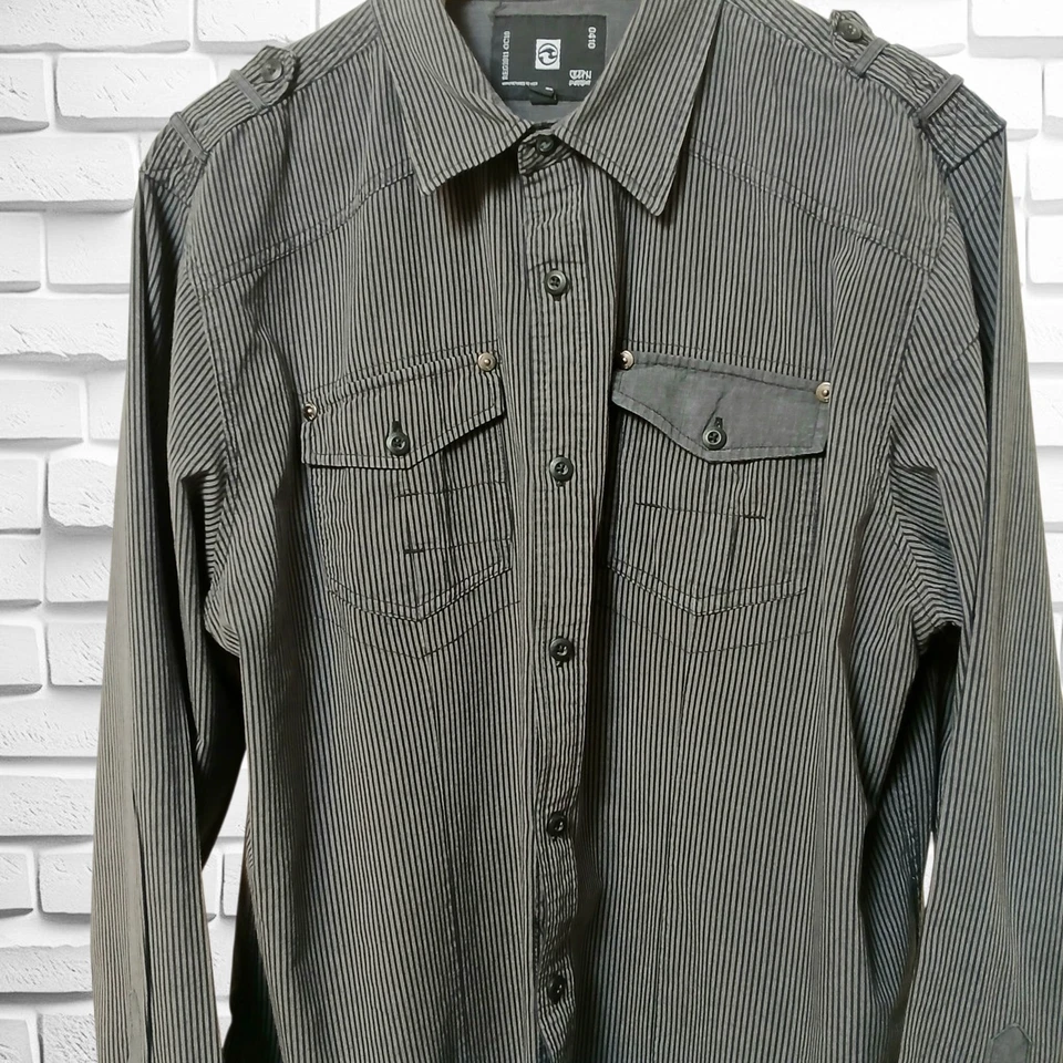 男式 Ocean Current L/S 衬衫,尺寸 XL,黑色/灰色条纹,棉,前口袋 — 第 3/4 张图片