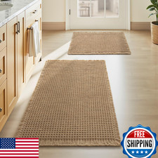 Waffle Bath Mat Set of 2: Super Absorbent, Non-Slip, Boho Style w/Tassels