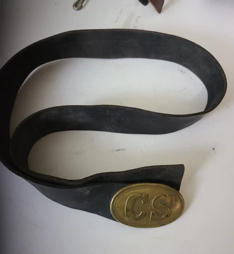 Black Leather Belt CS Belt Buckle 42"L x 2"H Confederate States used in Civil Wa