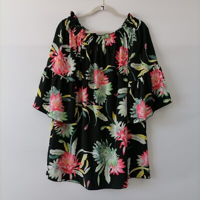 Zanzea Collection Womens Black Round Neck Bell Sleeve Floral Blouse Top Size XL