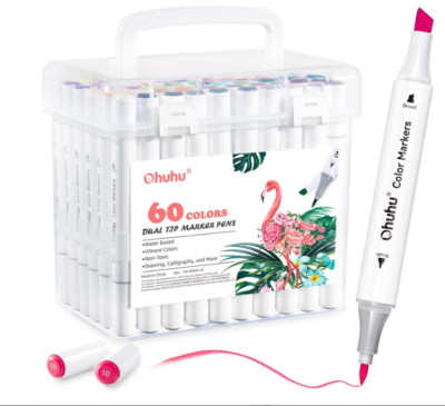 Ohuhu Markers Brush Chisel Tip: 60 Colors New Brush Double Tipped Water-Based Ar