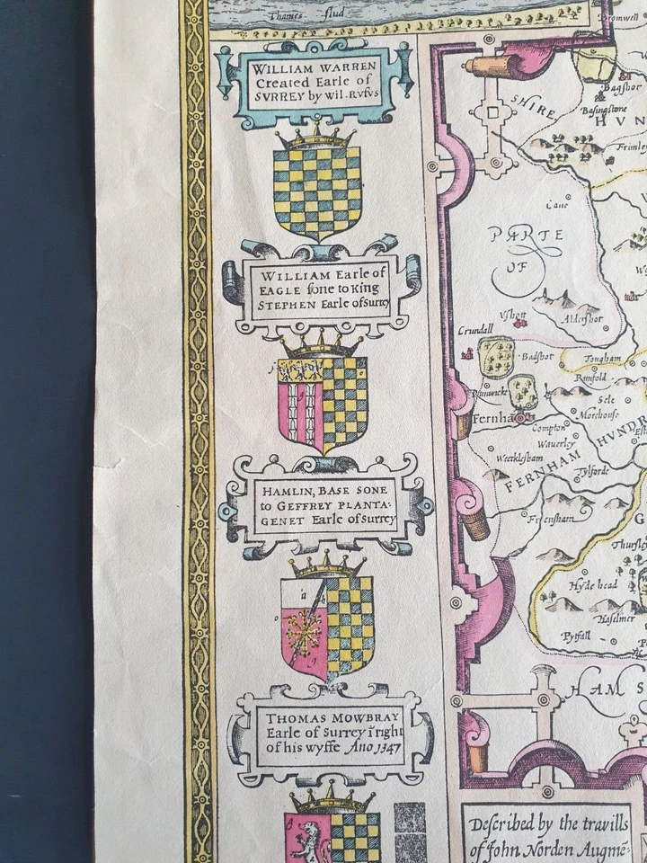 John Speed Map of Surrey - 64 x 47 cm Hand-Colored #ListingsInLights - Image 4 of 4
