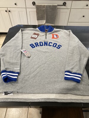 MENS Mitchell Ness Retro Denver Broncos 1/4 Zip Sweater L Large GRAY  NWT