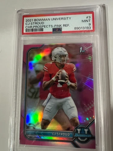 CJ STROUD ROOKIE 2021 BOWMAN UNIVERSITY CHROME 1ST PINK REFRACTOR PSA 9 Texans