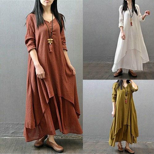 Maxi Dress Dress Cotton Linen Womens Kaftan Boho Casual Tunic Long Sleeve NEW----image