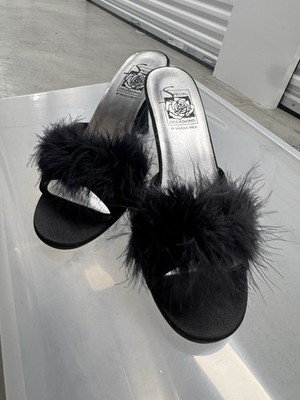 Y2K Special Occasions Black Feather Trim Heeled Mules Slides NEW Size 9