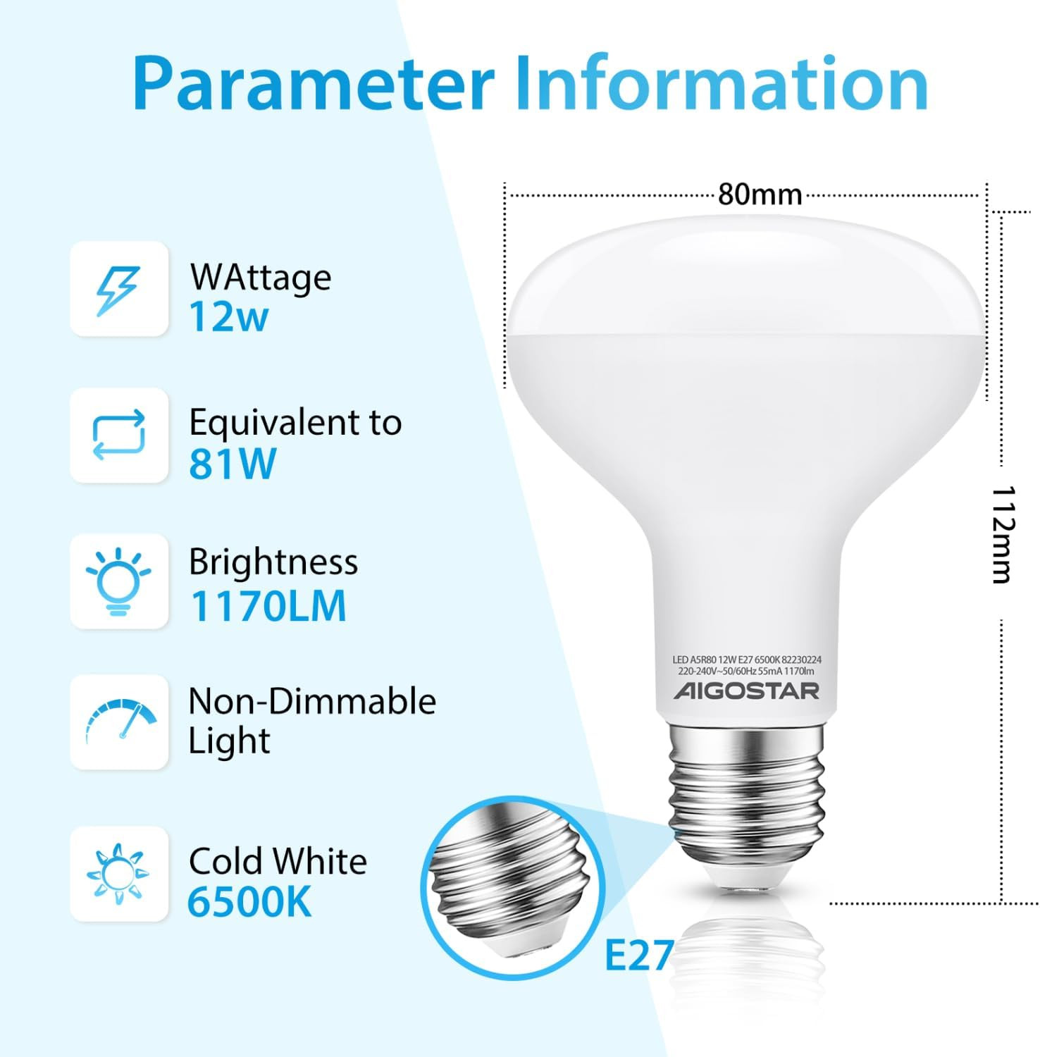 Pacco Da 5 Lampadina LED E27 12W, R80 Lampadine Luce Bianca Fredda 6500K 1170Lum - 2