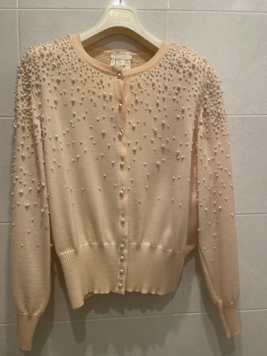 Escada, Maglione cardigan vintage raro Escada Couture impreziosito da perle avorio taglia 44 (14)