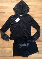 NEW NWT JUICY COUTURE Velour OG Bling Hoodie  Shorts Set Black Size S