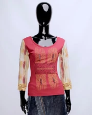 Womens Y2K SAVE THE QUEEN Nylon Elastane Aztec Metal Blouse Top Pullover Size S