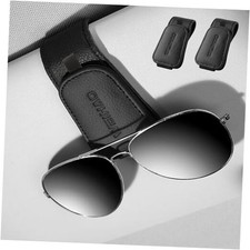Magnetic Sunglass Holder for Car Visor Clip - Genuine Leather Black-2PC