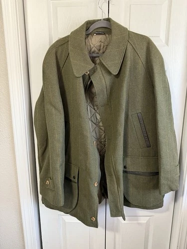 Vintage Tweed Coat 46 English Country Leather Trim Vibe Christopher Dawes NWOT - product listing photo