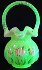 Fenton Uranium Glass Ruffled Rim Floral Decorated Basket with Orig Label