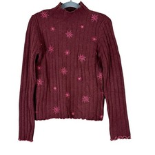 NWT Forever 21 Sweater Burgundy Girls 9/10 Star Embroidered Indie Soft Grunge