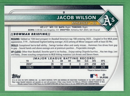 Bowman Jacob Wilson Rookie #9 Athletics RC 2025 CANTIDAD - Imagen 2 de 2