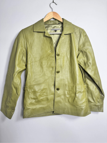 Isabella bird anthropology green leather jacket s… - image 1