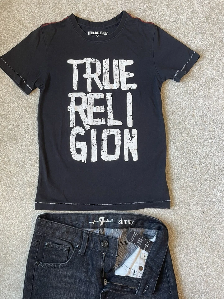 7 for all mankind Black Boy Jeans Sz 8 & Sz Small True Religion Tshirt. Set Of 2 - Image 2 of 4