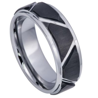 Tungsten Ring Unisex Two-tone Brush Black IP Plated Trapezoids High Polish lines
