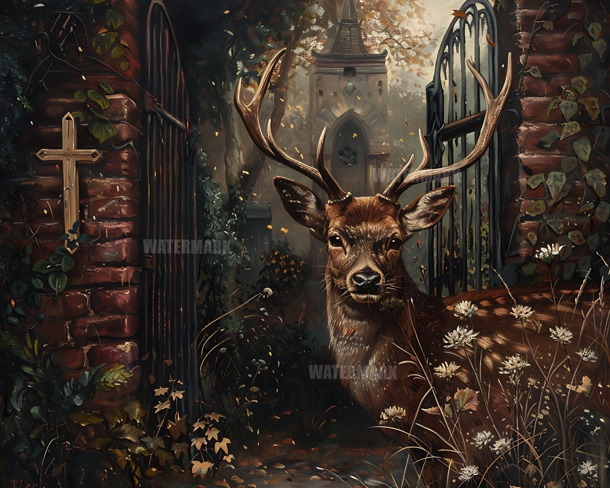 A deer / 鹿 8x10 Matte Print Majestic Deer with Small Carved Cross on Antlers