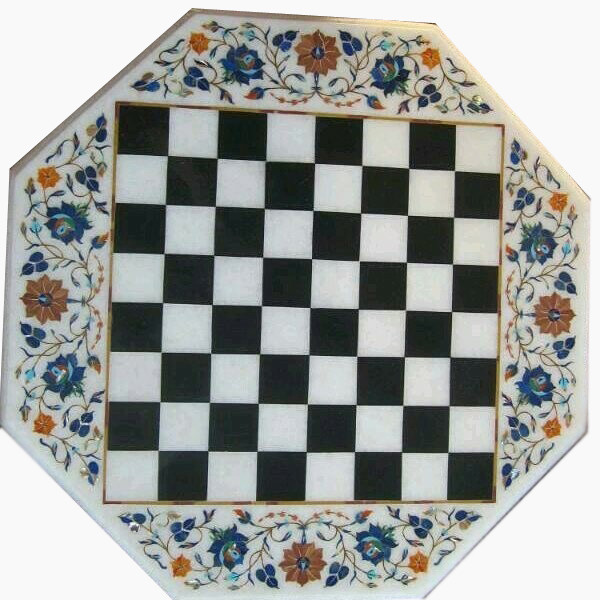 18-inch white marble chess table with semi-precious stone inlay art