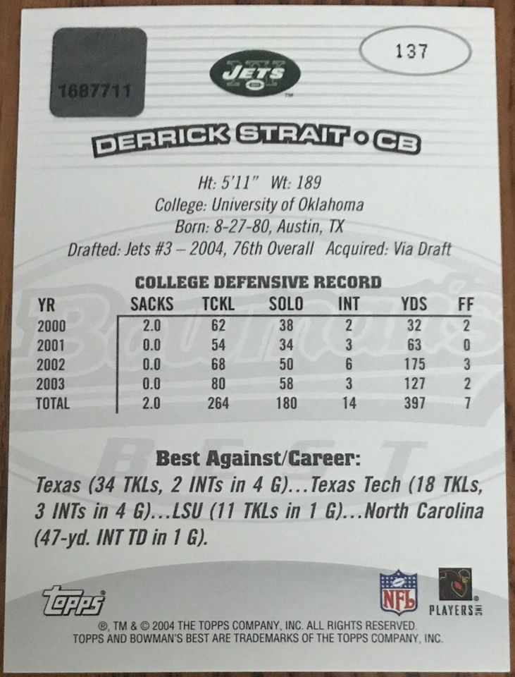 2004 Bowman’s Best Rookie Autograph Derrick Strait #137 New York Jets - Image 2 of 2