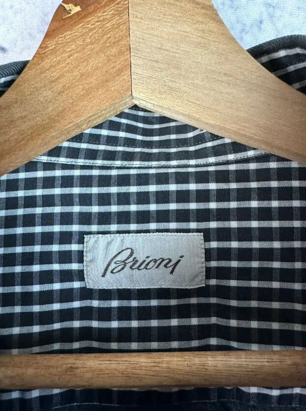 Camisa Brioni 100% Seda Italia Para Hombres XL Gris Onda Geométrica Manga Larga Abotonada Foto 3 de 4