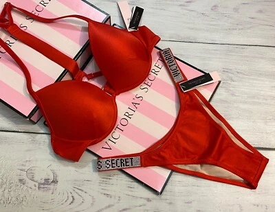 Victoria Secret Shine Strap Soutien-Gorge Push-Up + Culotte Brésilienne, Rouge - Photo 1/3