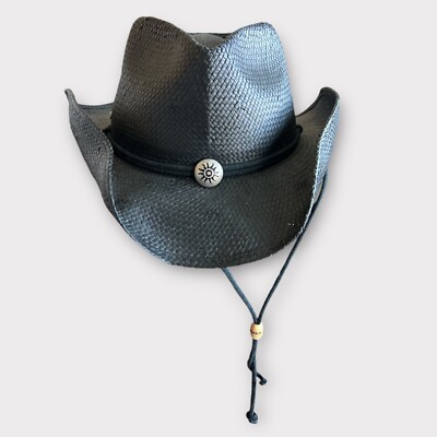 Scala Unisex Cowboy Hat Straw Black Pull Chincord Shapeable Handmade Lg/Xlg New