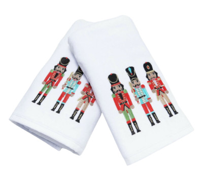 New Kringle Express 2 Piece Novelty Holiday Hand Towel Set in White Nutcracker 