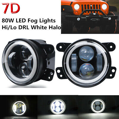 4"in 80W 7D LED Fog Lights Hi/Lo DRL Halo Angel Eye for Jeep Wrangler JK TJ LJ