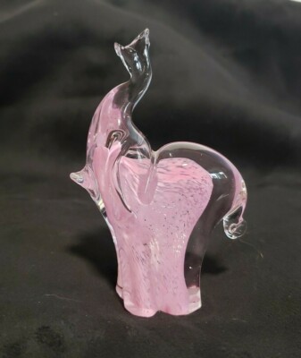 Jan-Stievens Glashytta Hand Blown Elephant Clear Pink Inclusion Trunk Up Rare 