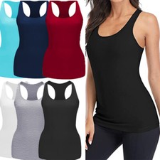 Women's Solid Basic Scoop Neck Racerback Tank Top With Built in Shelf Bra Shirts