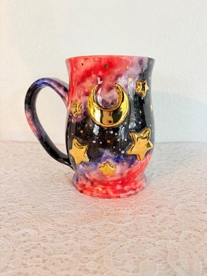 Handmade Pottery mug Celestial Galaxy Moon Stars Signed
