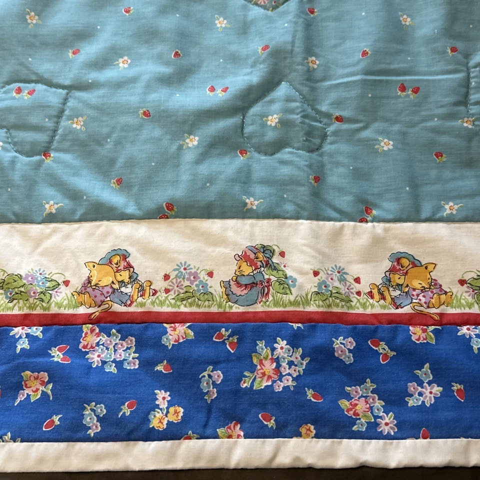 Edredón de cuna de bebé hecho a mano de colección cachorro perro gatito gato corazón flores ratón azul usado en excelente estado Foto 4 de 4