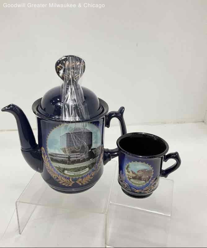 Russian Blue Ceramic Teapot Mug Set Belarus Landmark Souvenir Tableware 2