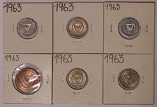 1963  Cyprus 1 (2), 5, & 25 (3) Mils Unc Coins (6) in 2x2 s