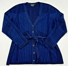 PENDELTON SILK BLEND CARDIGAN SWEATER WOMENS SZ MP NAVY BLUE STRIPE TIE WAIST