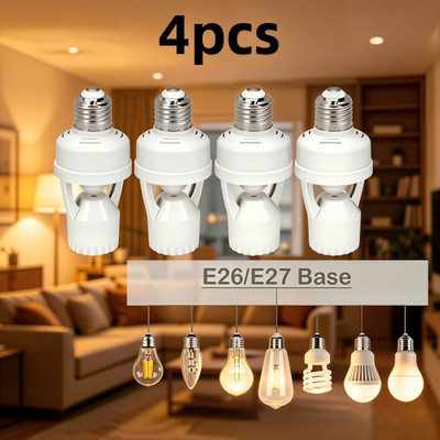 Motion Sensor Light Socket Adapter - 4 Pack E26/E27 Compatible