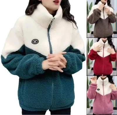 MEENA BAZAAR Women Jacket Colored Thickened Lamb Fleece Long Sleeve Mid Length Warm Overcoat