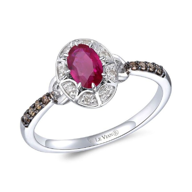 Le Vian 14K White Gold Cocktail Ring Ruby White Chocolate Diamonds - Size 6