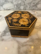 Vintage Russian Marquetry Inlay Wooden Box Hexagon Floral Design Soviet Era