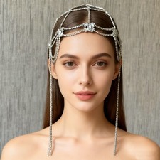 Women Head Cap Rhinestone Long Tassel Fashion Jewelry Metal hair Chain 11019